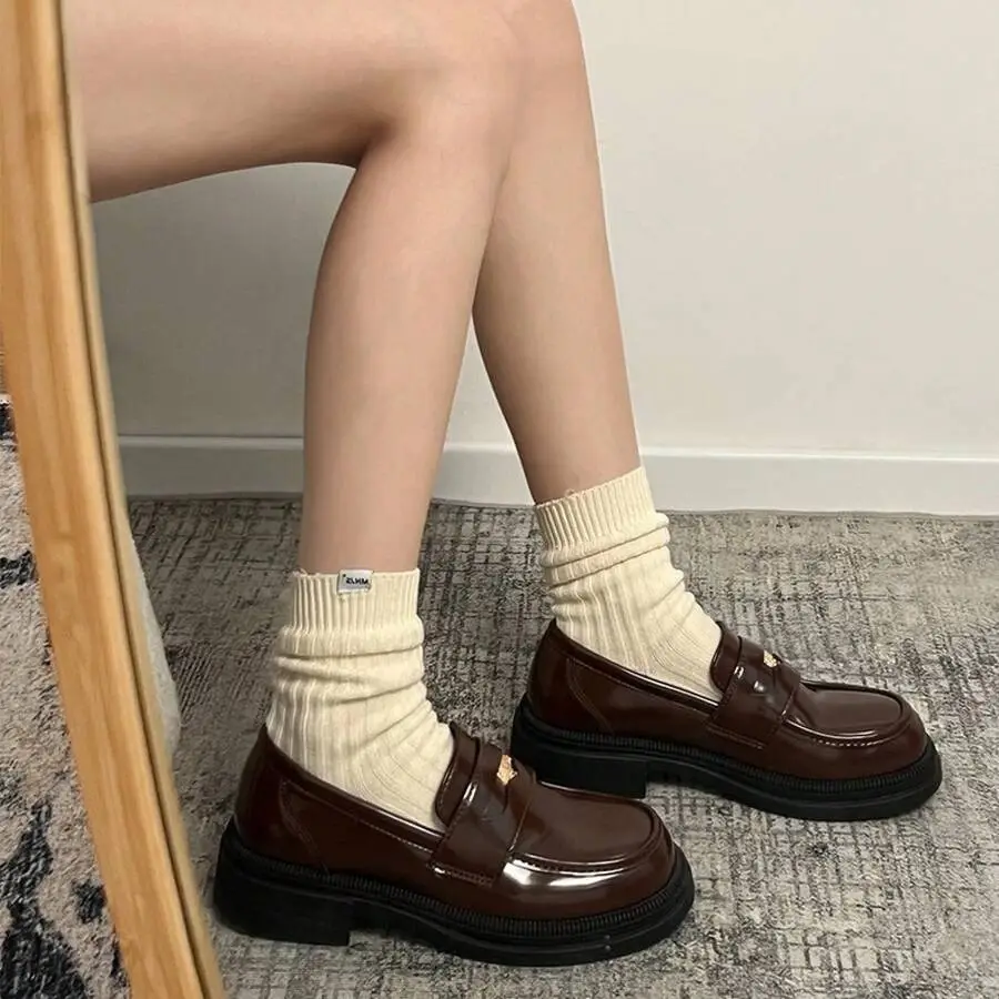 レトロ 太いヒール 革靴 フレンチ ローファー