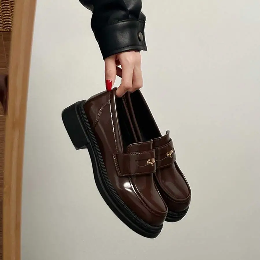 レトロ 太いヒール 革靴 フレンチ ローファー