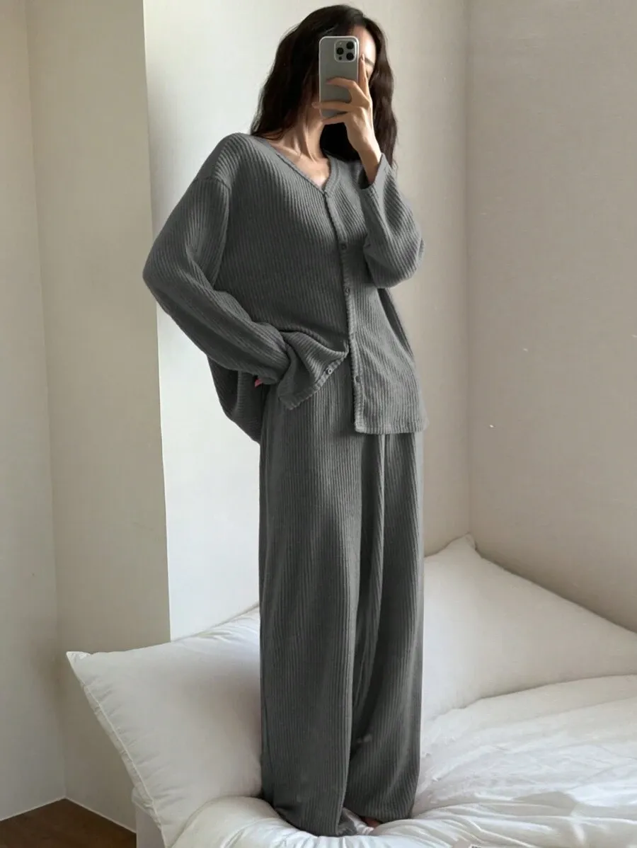 シンプル ストライプ柄 フランネル レディース パジャマ セット