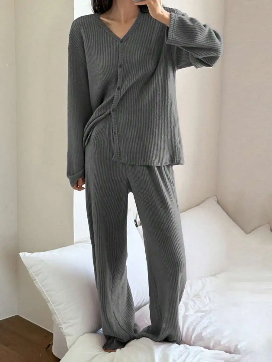 シンプル ストライプ柄 フランネル レディース パジャマ セット