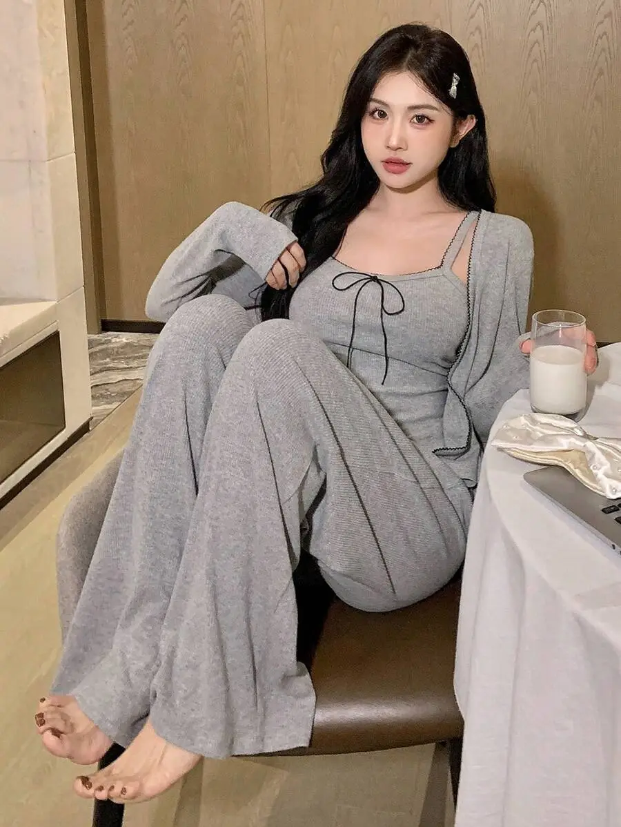 3点セット ネックライン リボントップス & ストレートレッグパジャマパンツ ルームウェア