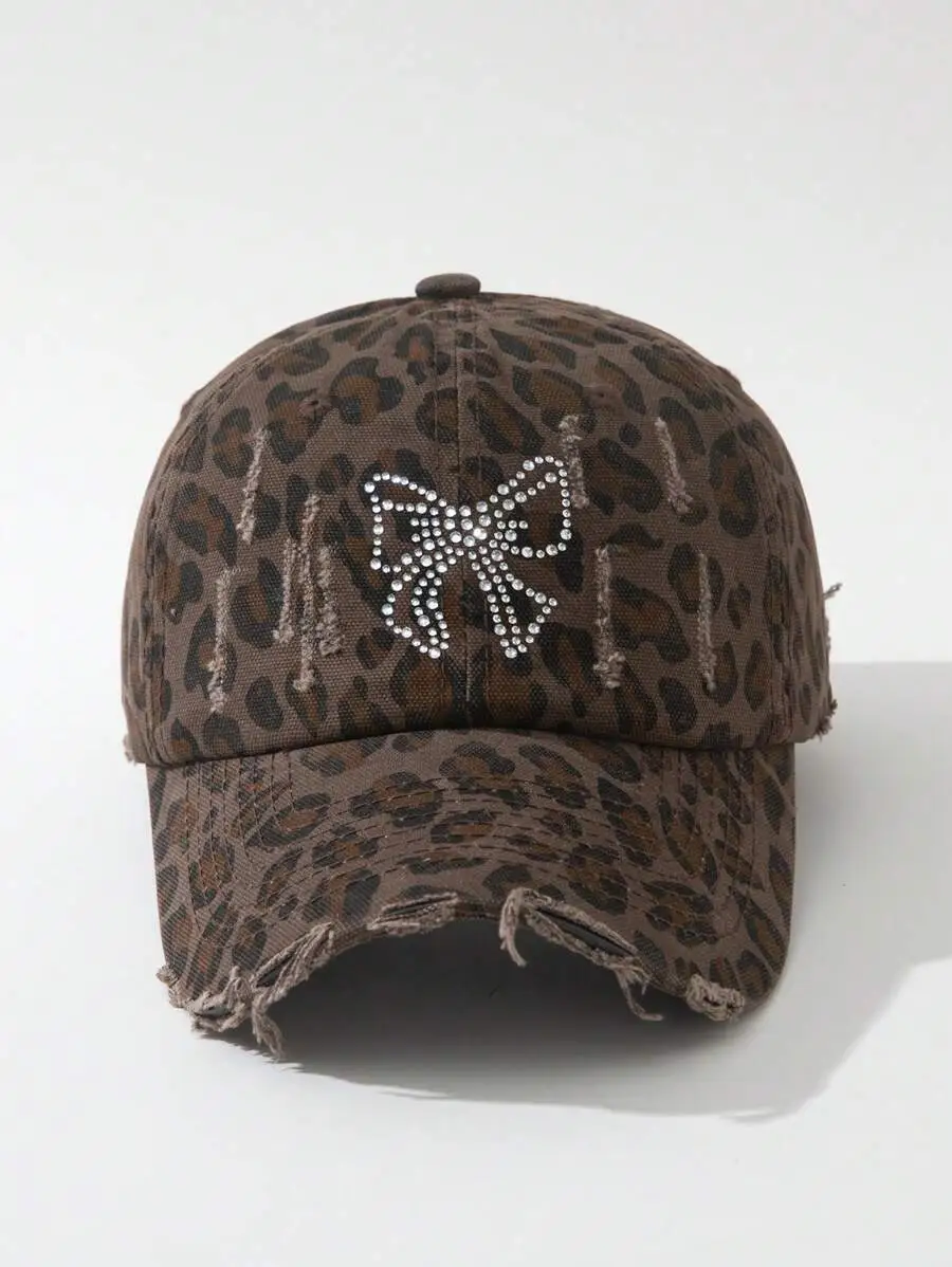 レディース ラインストーン入り ちょう結びレオパード柄 キャップ
