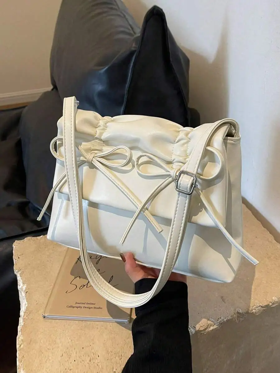 ドローストリング プリーツ リボン装飾 PU ジッパー ショルダーバッグ