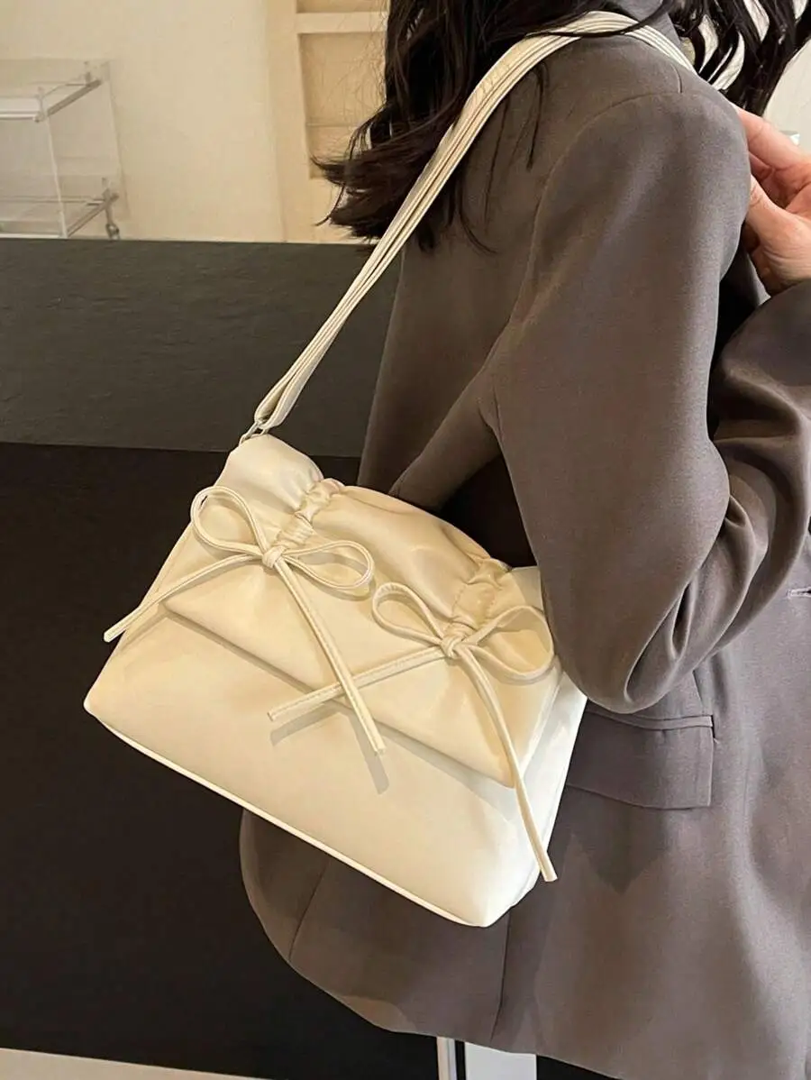 ドローストリング プリーツ リボン装飾 PU ジッパー ショルダーバッグ