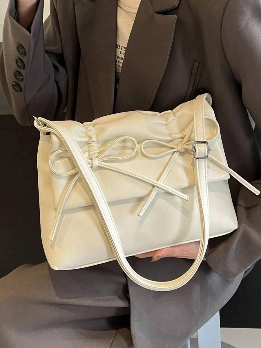 ドローストリング プリーツ リボン装飾 PU ジッパー ショルダーバッグ
