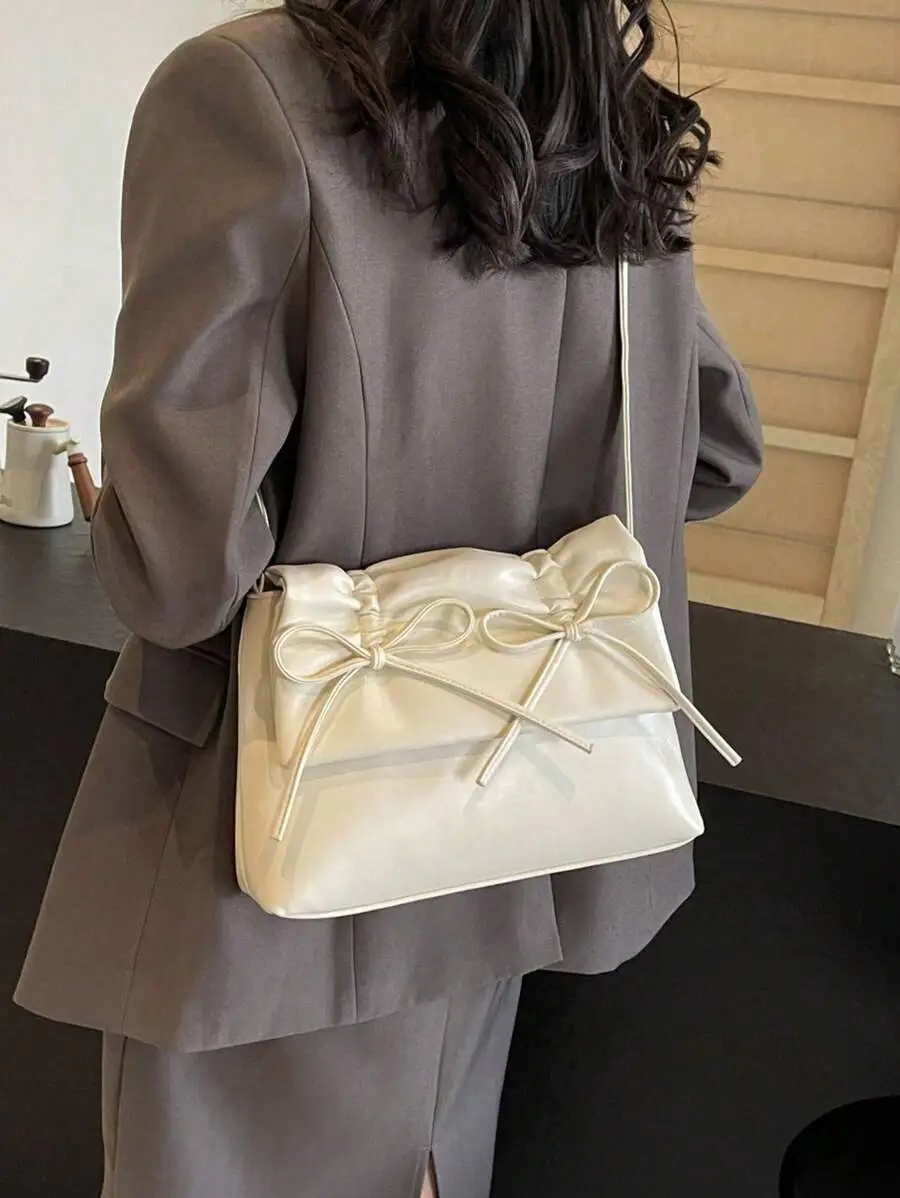 ドローストリング プリーツ リボン装飾 PU ジッパー ショルダーバッグ