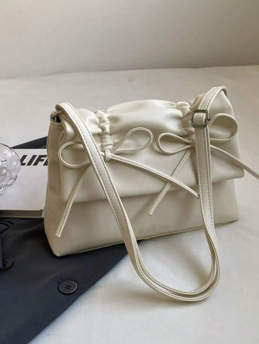 ドローストリング プリーツ リボン装飾 PU ジッパー ショルダーバッグ
