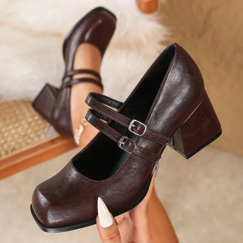 マリージェーン 太ヒール スクエアトゥ エレガント パンプス