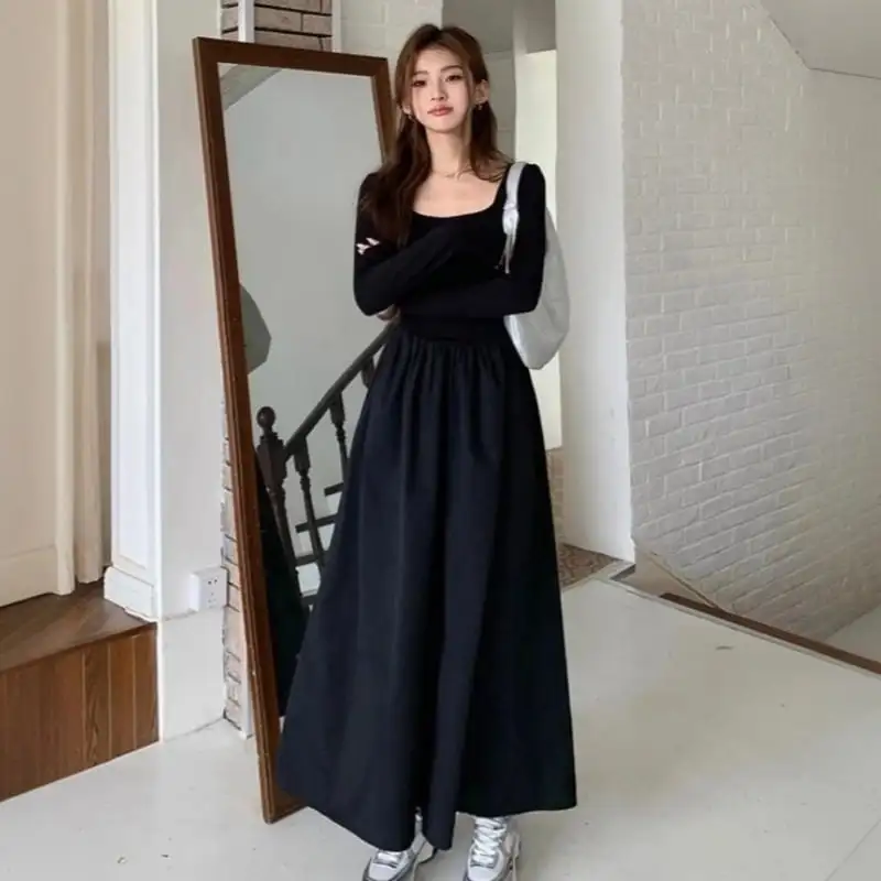 ワンピース スクエアネック 長袖 大振裾