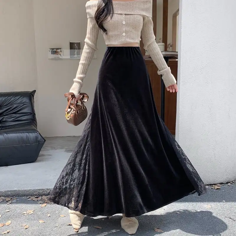 ボトムス スカート ビロード ロング丈 気質溢れる レース