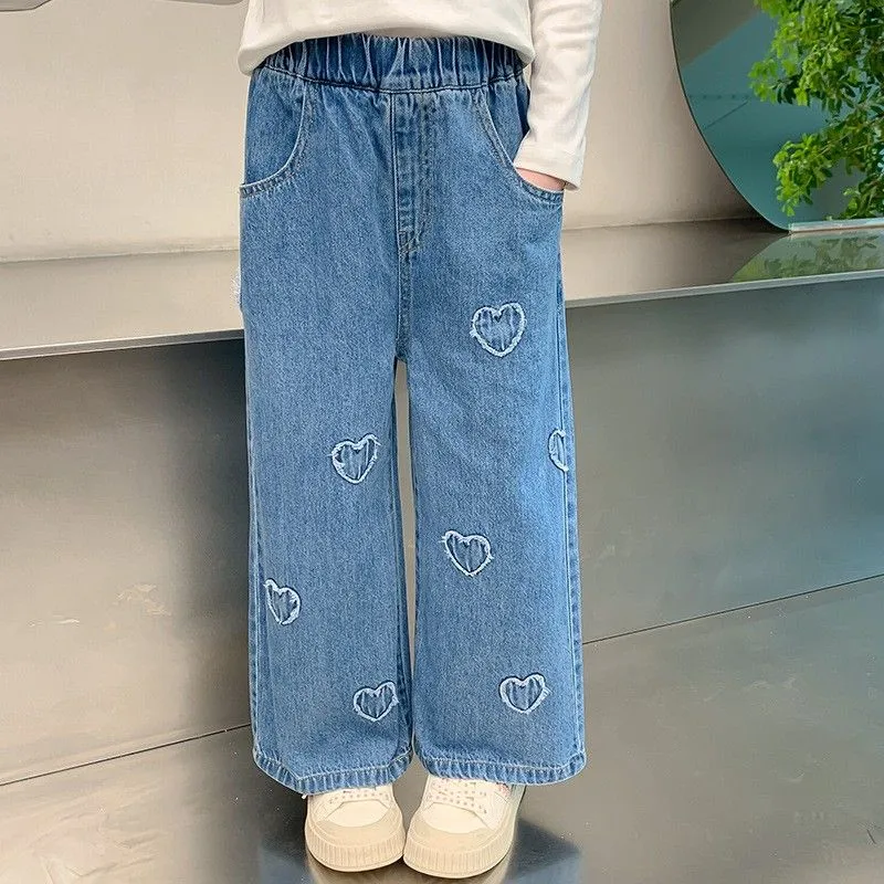 【90-140cm】絶対可愛い カジュアル 人気 無地 ハート形 幼児 子供服 女の子 春秋 デニム パンツ ボトムス