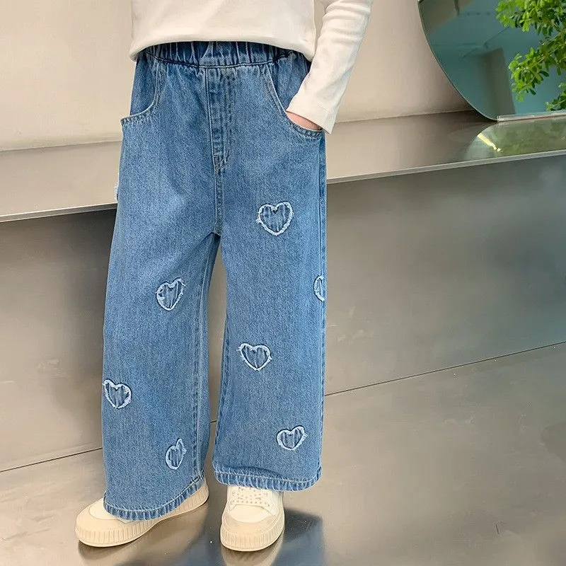 【90-140cm】絶対可愛い カジュアル 人気 無地 ハート形 幼児 子供服 女の子 春秋 デニム パンツ ボトムス