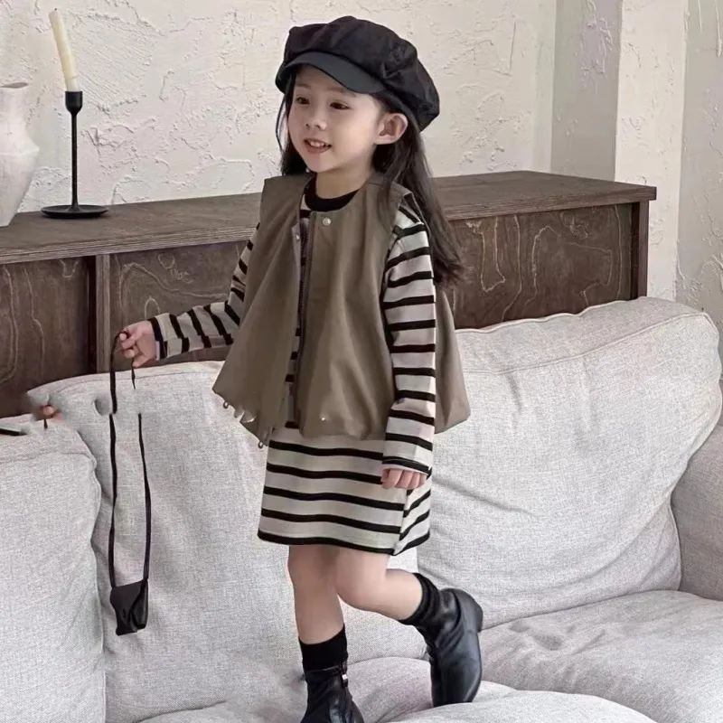【90-130cm】セットでお得 組み合わせ自由 ボーダー 長袖 ストレート 女の子 ワンピース＋バスト 二点 セットアップ