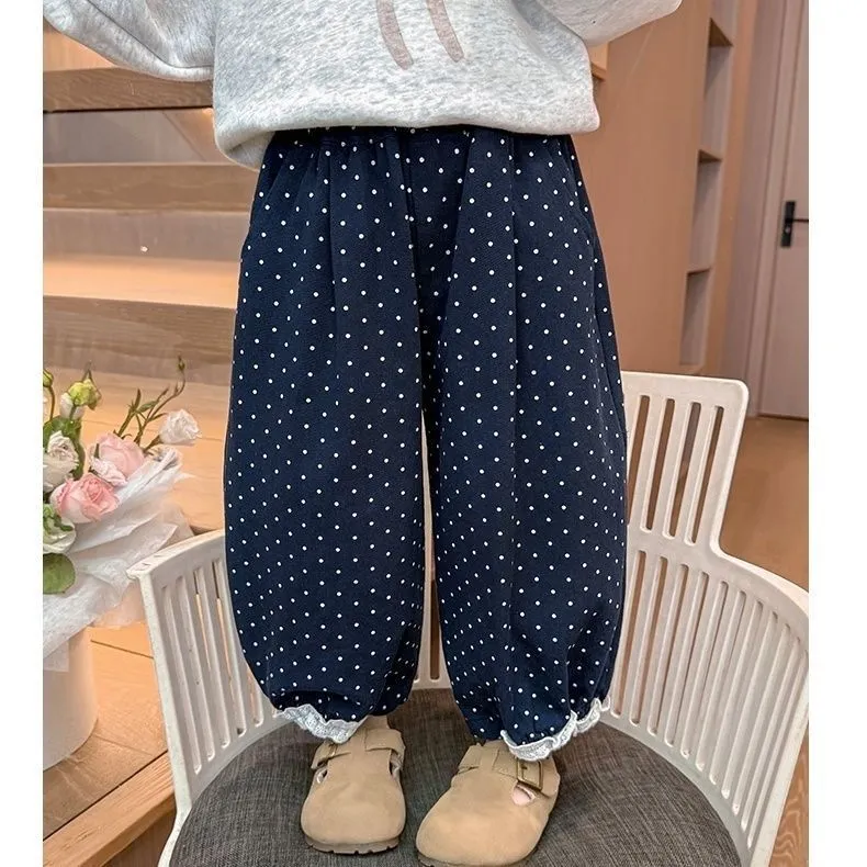 【90-140cm】 大人可愛い 女の子 レース ロング丈 ドット柄 カジュアル ボトムス
