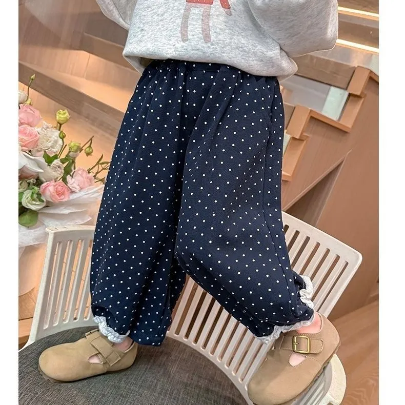 【90-140cm】 大人可愛い 女の子 レース ロング丈 ドット柄 カジュアル ボトムス