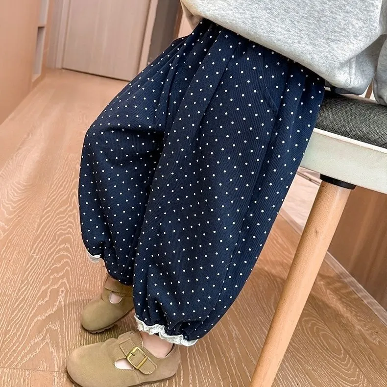 【90-140cm】 大人可愛い 女の子 レース ロング丈 ドット柄 カジュアル ボトムス
