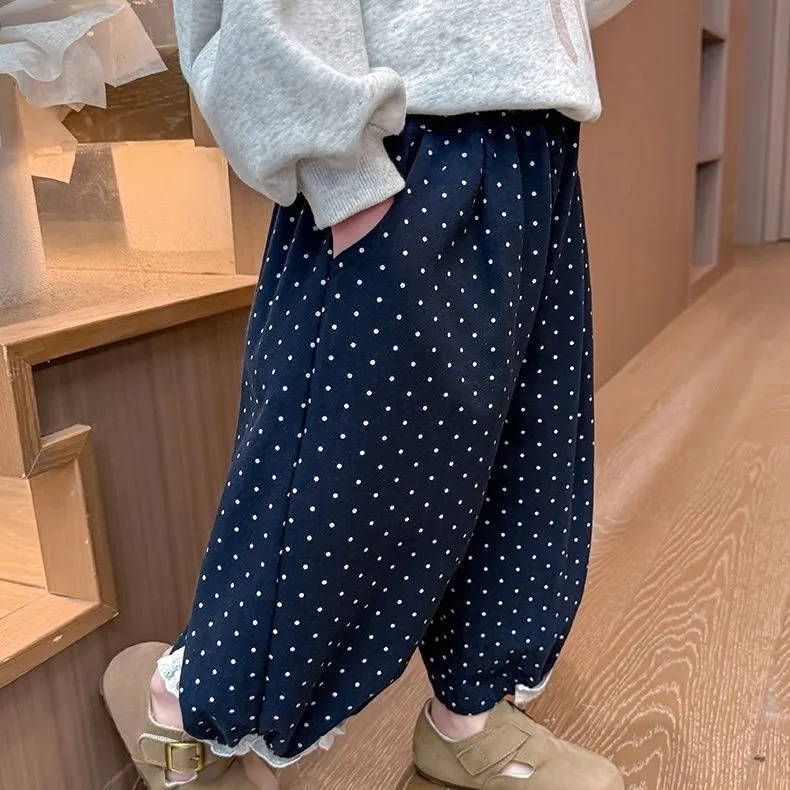 【90-140cm】 大人可愛い 女の子 レース ロング丈 ドット柄 カジュアル ボトムス