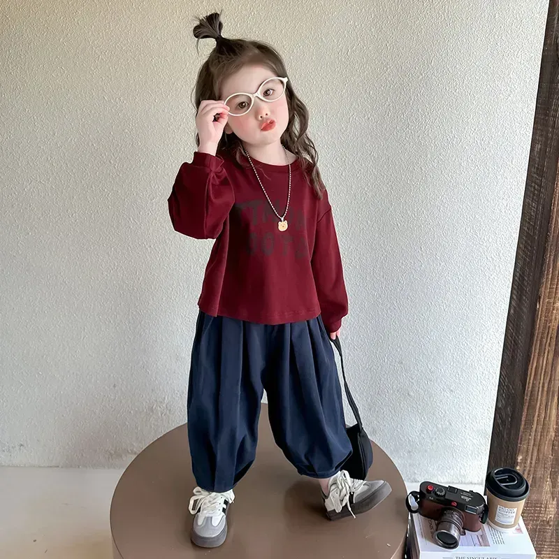 【80-140cm】着回し力抜群 可愛い 人気 アルファベット 長袖 Tシャッツ＋パンツ 女の子 二点セットアップ