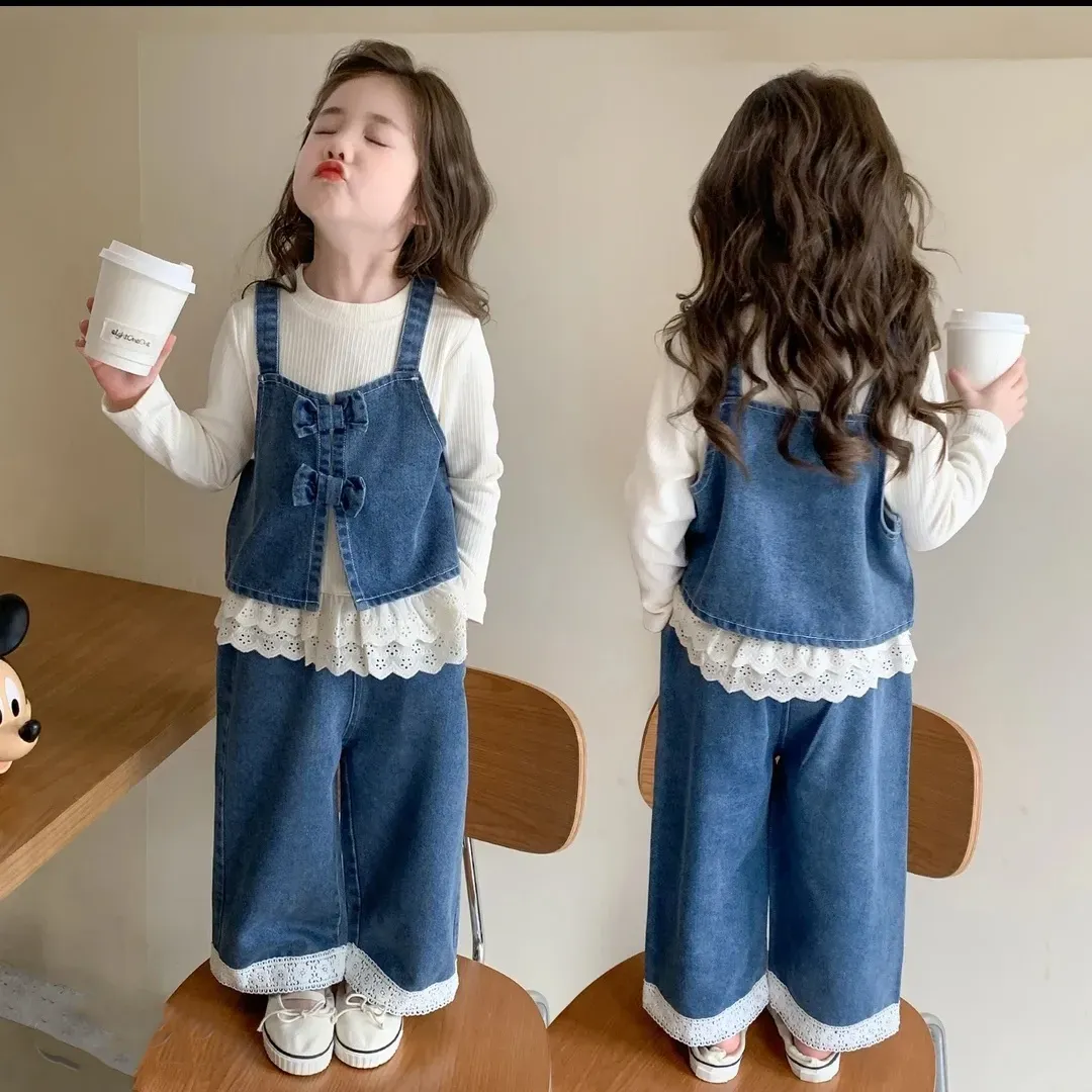 【90-140cm】 単品注文可 キュート レース トップス＋リボン ベスト＋パンツ 幼児 女の子 デニム ３点セット
