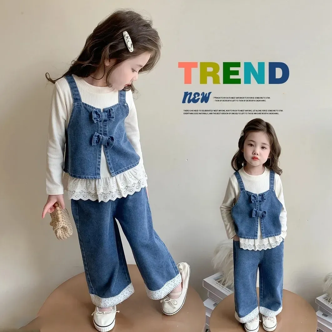 【90-140cm】 単品注文可 キュート レース トップス＋リボン ベスト＋パンツ 幼児 女の子 デニム ３点セット