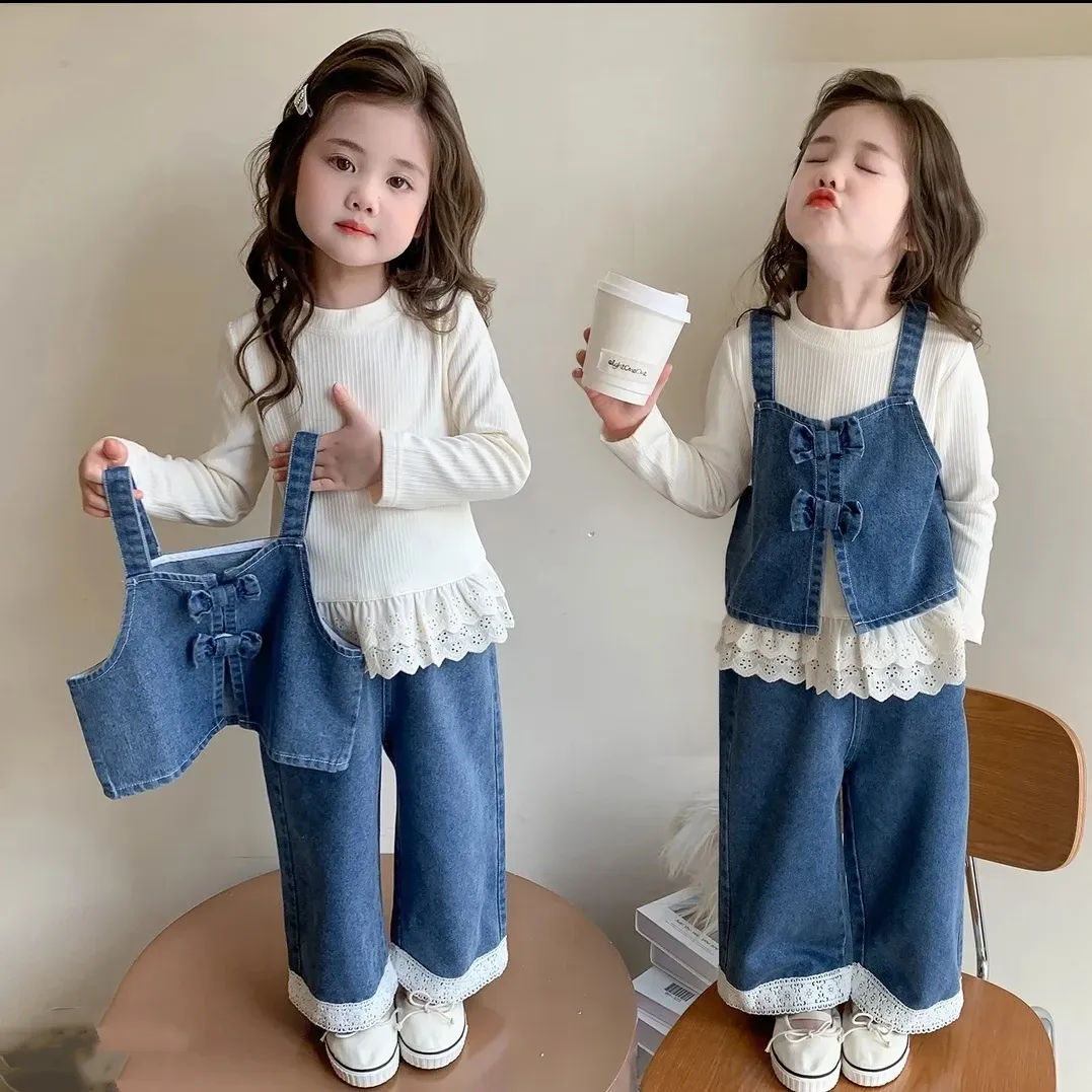 【90-140cm】 単品注文可 キュート レース トップス＋リボン ベスト＋パンツ 幼児 女の子 デニム ３点セット