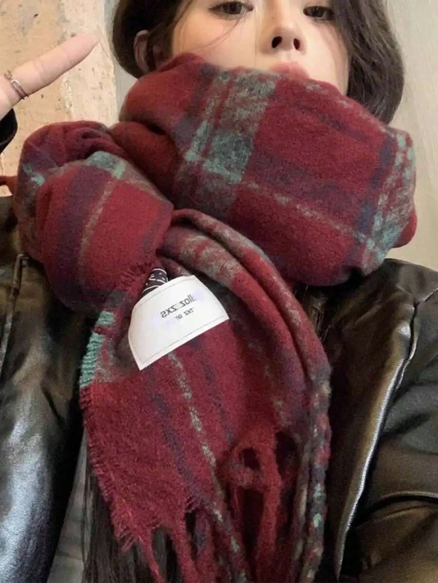 レッド ヴィンテージチェック柄 ショール レディース 秋冬 保温 合わせやすい デイリー スカーフ