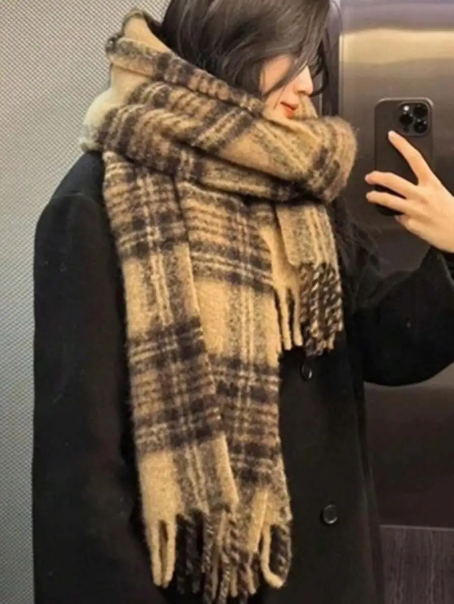 高品質 メリノウール チェック柄 ヴィンテージシック 厚手 あたたかい マフラー