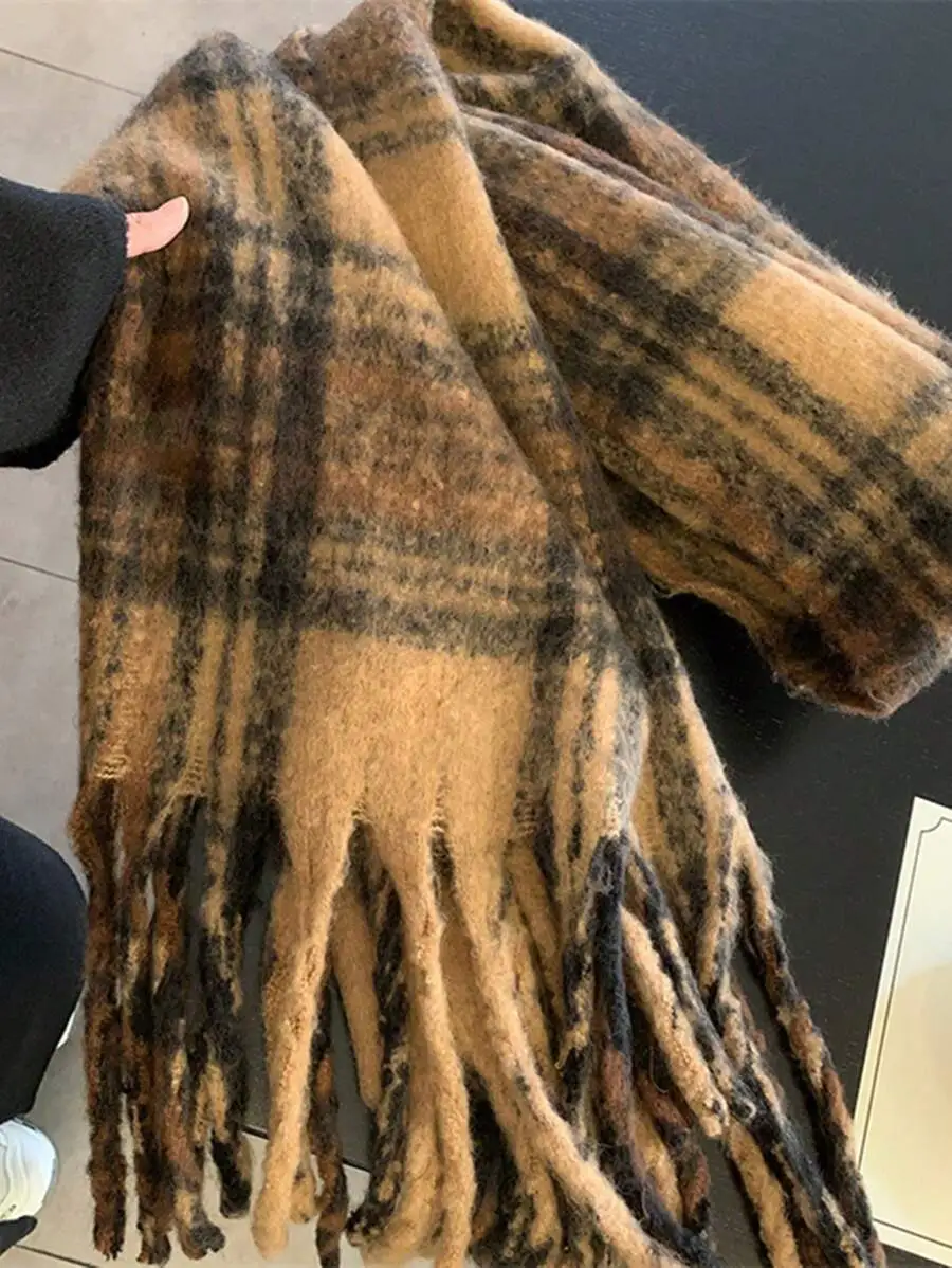 高品質 メリノウール チェック柄 ヴィンテージシック 厚手 あたたかい マフラー