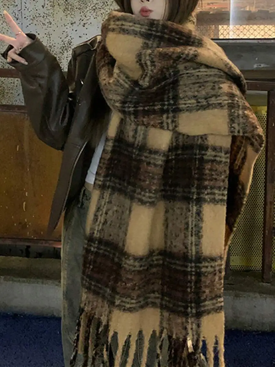 高品質 メリノウール チェック柄 ヴィンテージシック 厚手 あたたかい マフラー