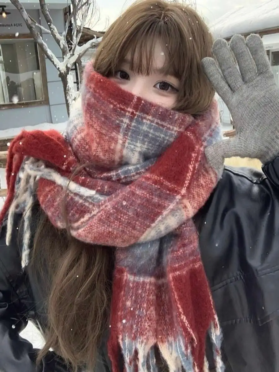 チェック柄 暖かい ショール フリンジ付き マフラー