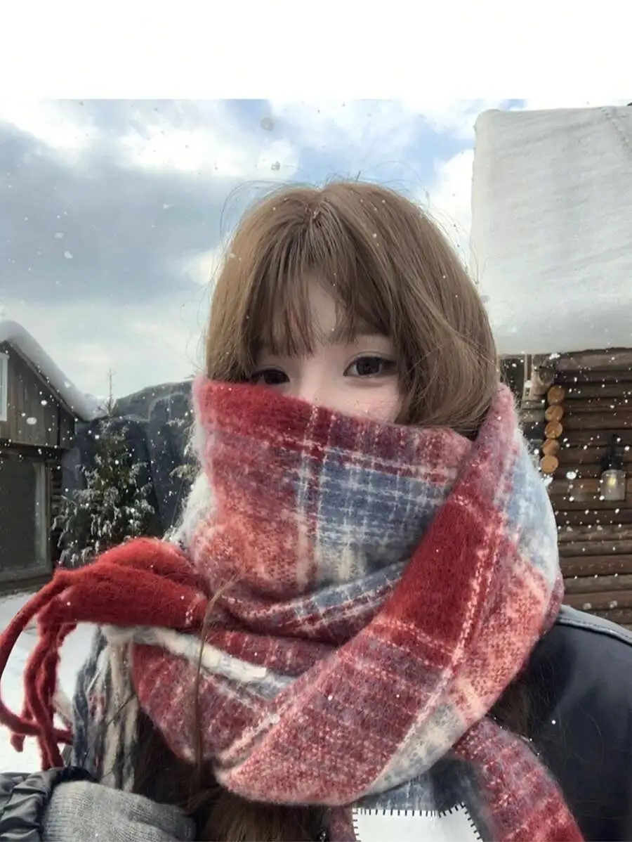 チェック柄 暖かい ショール フリンジ付き マフラー