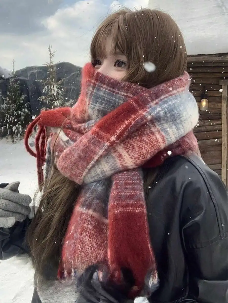 チェック柄 暖かい ショール フリンジ付き マフラー