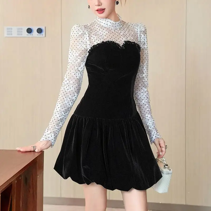 ワンピース ビロード ドット柄 ティアード ブラック