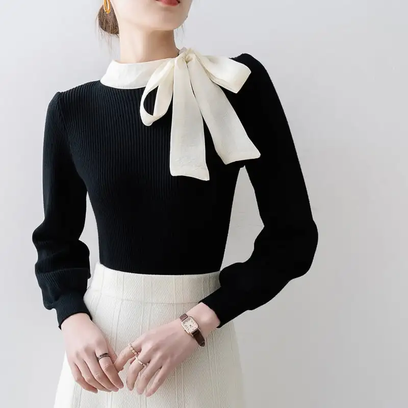 トップス ニット リボン エレガント 長袖 気質溢れる