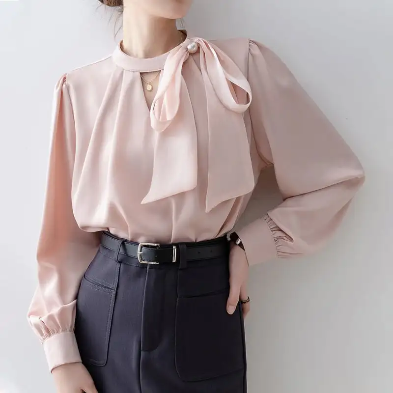 トップス シャツ ランタンスリーブ 通勤 リボン ピンク