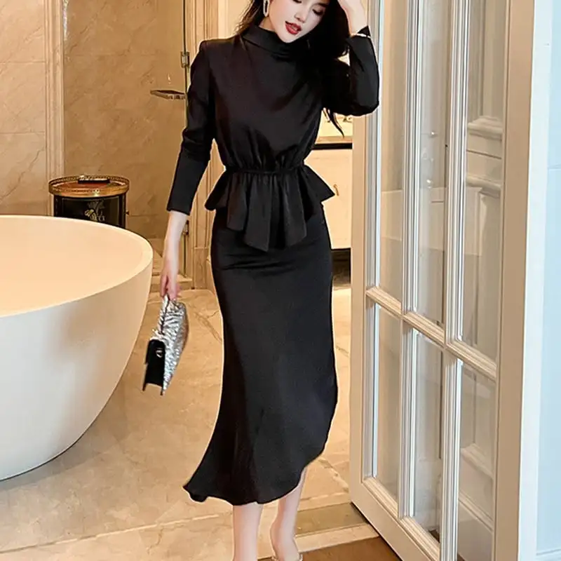 セットアップ トップス+スカート フェミニン 不規則 長袖 ブラック