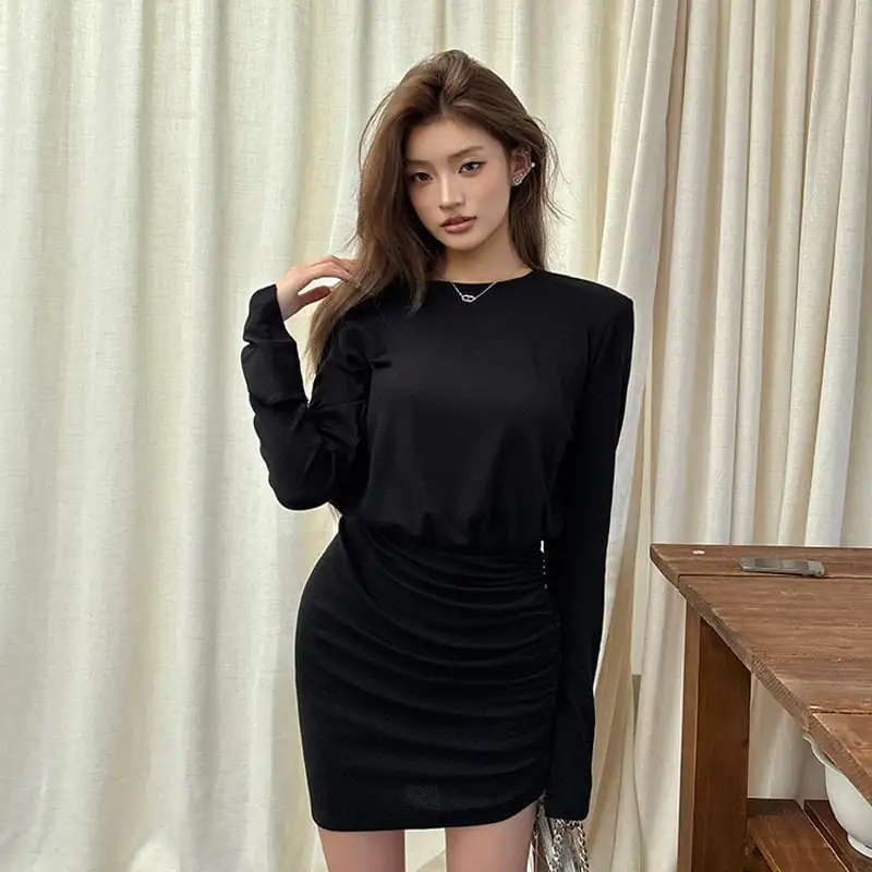 2025秋新作 ワンピース 無地 膝上 フェミニン 長袖 ブラック