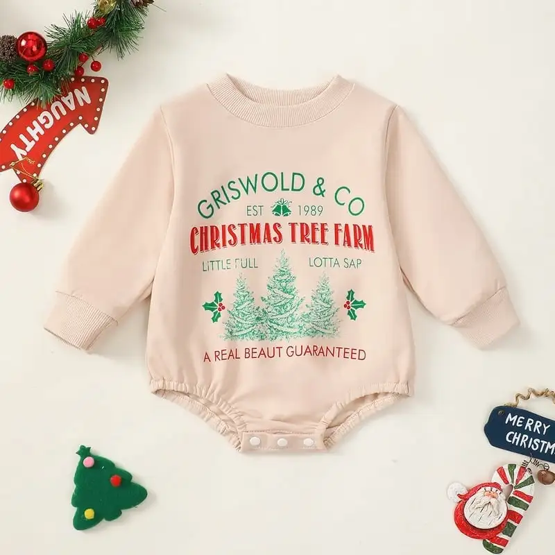 【66-90cm】冬新作 クリスマスツリープリント ロンパース