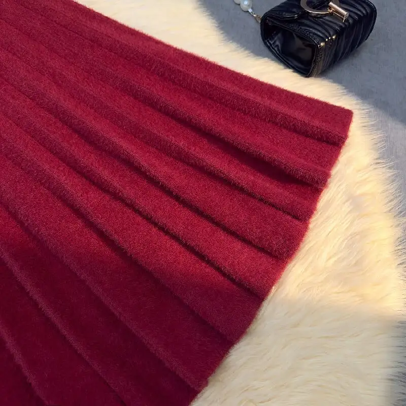 ボトムス スカート 3色展開 ミンク風生地 無地 ブラック ライトベージュ レッド