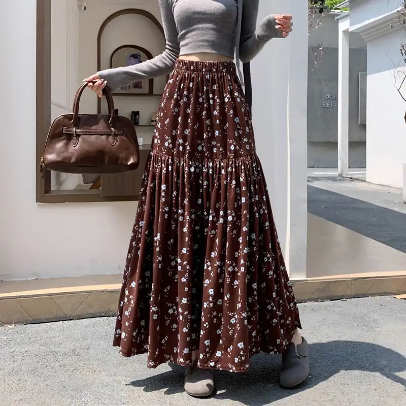 ボトムス スカート 2色展開 ビロード 花柄 ロング丈 視線集中 ブラック コーヒー色