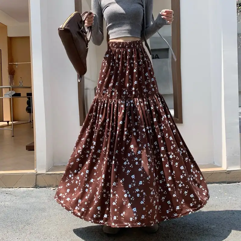 ボトムス スカート 2色展開 ビロード 花柄 ロング丈 視線集中 ブラック コーヒー色