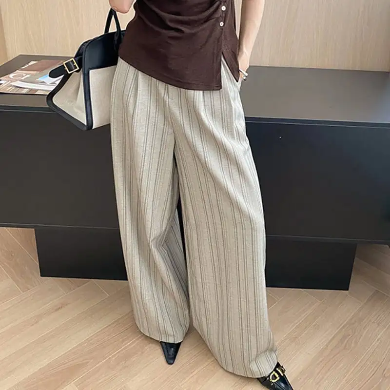 ボトムス ワイド カジュアル ハイウエスト ストライプ柄 ダークベージュ ダークグレー