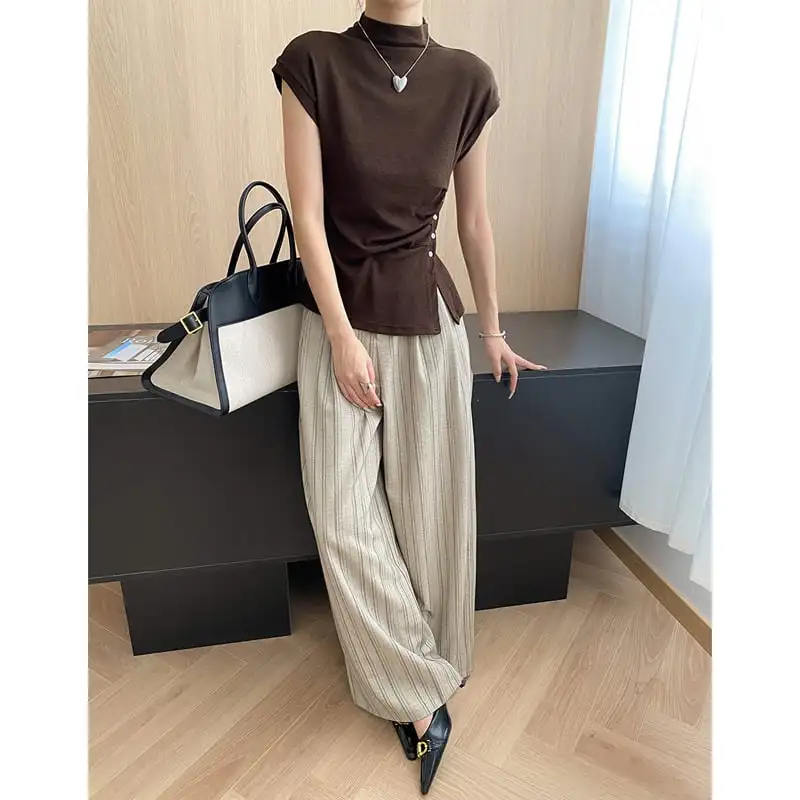 ボトムス ワイド カジュアル ハイウエスト ストライプ柄 ダークベージュ ダークグレー