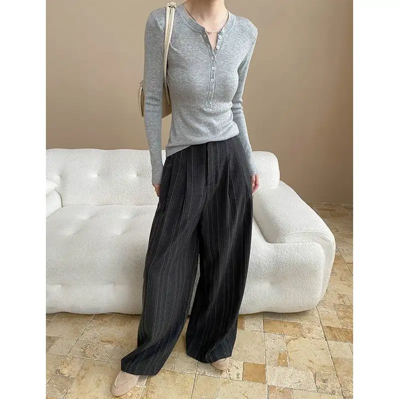 ボトムス ワイド カジュアル ハイウエスト ストライプ柄 ダークベージュ ダークグレー