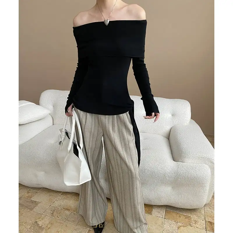 ボトムス ワイド カジュアル ハイウエスト ストライプ柄 ダークベージュ ダークグレー