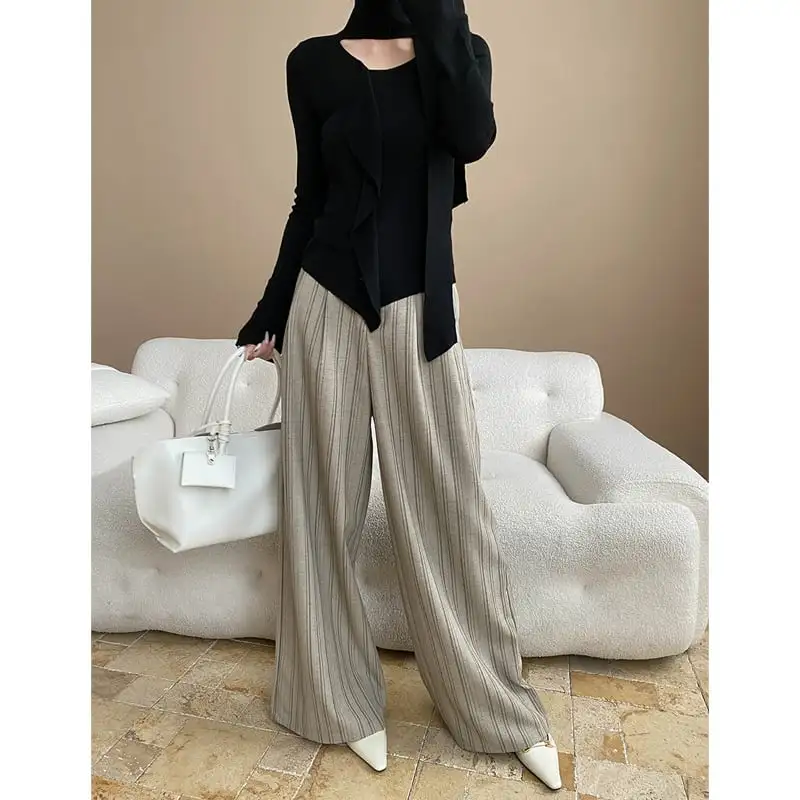 ボトムス ワイド カジュアル ハイウエスト ストライプ柄 ダークベージュ ダークグレー