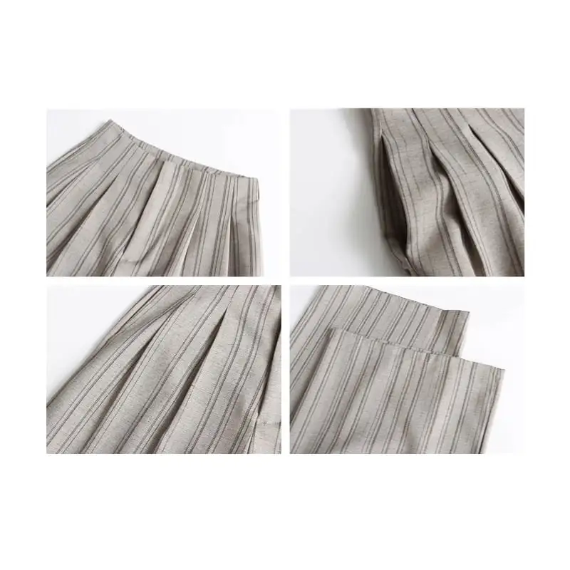 ボトムス ワイド カジュアル ハイウエスト ストライプ柄 ダークベージュ ダークグレー