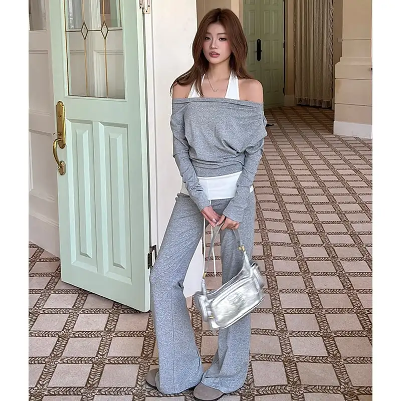 セットアップ トップス+カジュアルパンツ オフショルダー ストレッチパンツ グレー