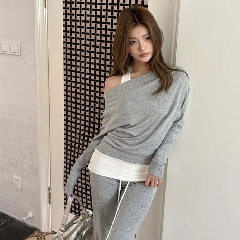 セットアップ トップス+カジュアルパンツ オフショルダー ストレッチパンツ グレー