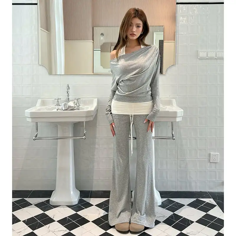 セットアップ トップス+カジュアルパンツ オフショルダー ストレッチパンツ グレー